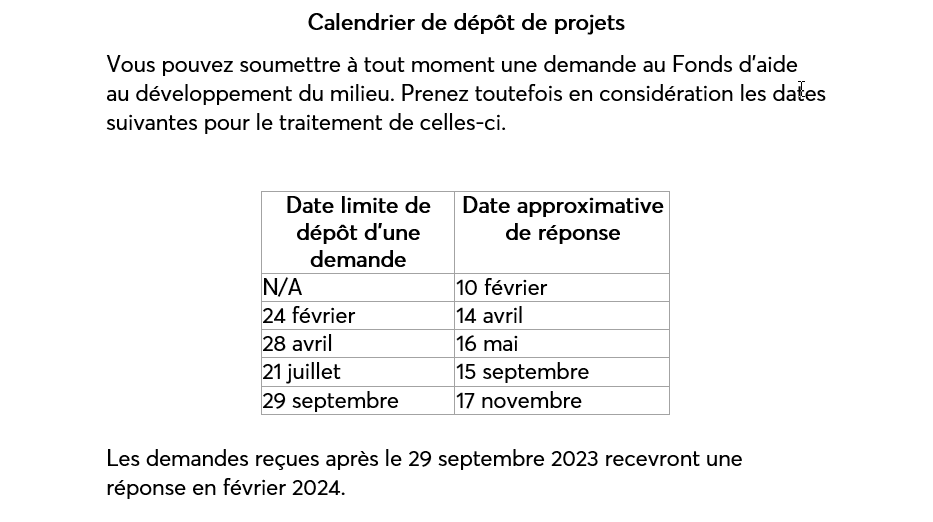 Calendrier dépôts de projets